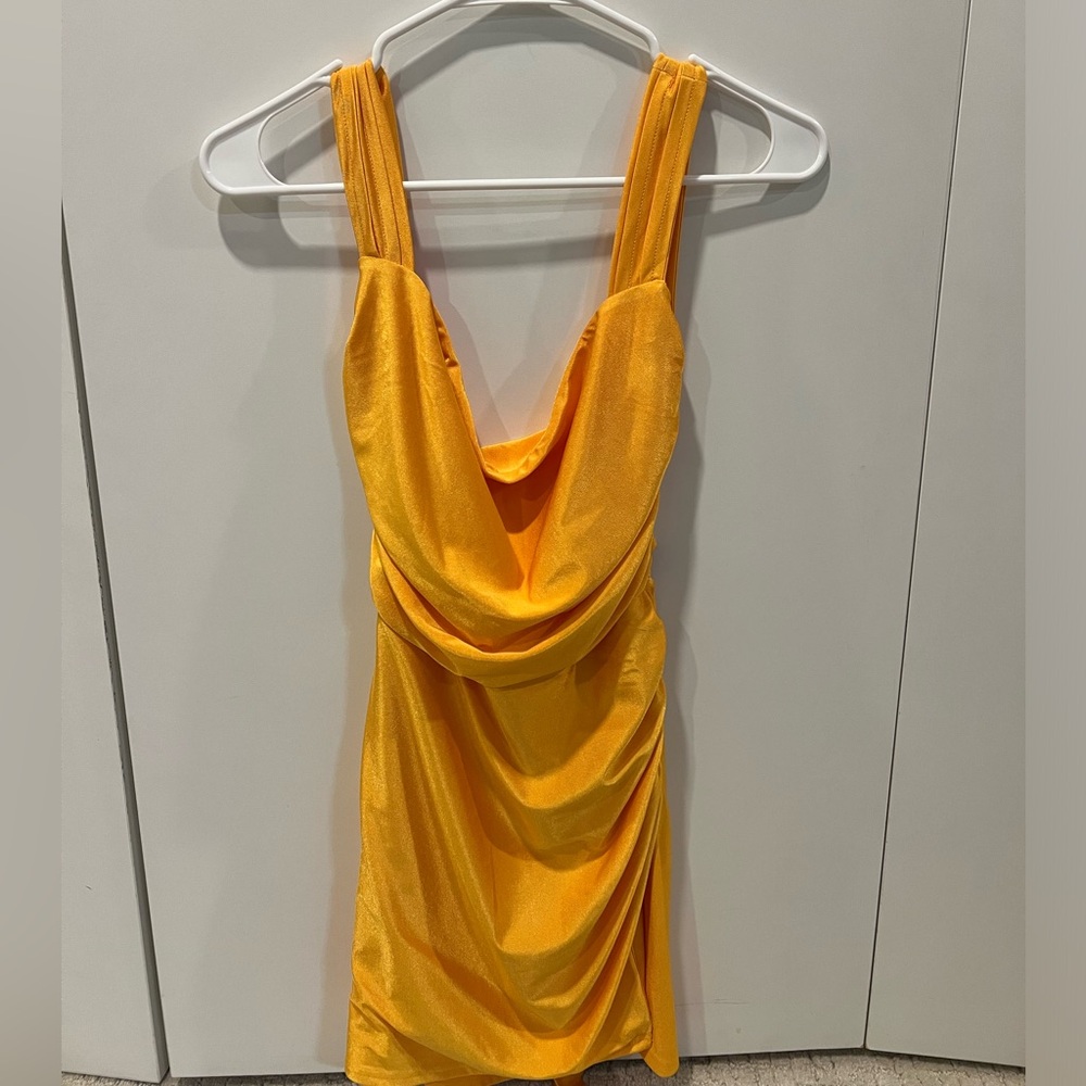 Lucy in the Sky Melina Ruched Bodycon Dress in Orange - Size Medium